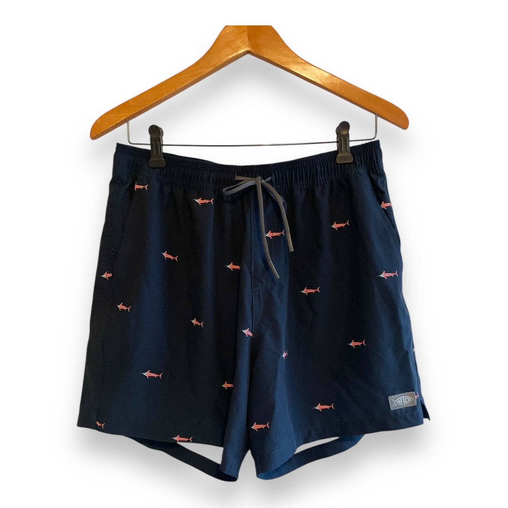 AFTCO Men's Navy Blue American Flag Marlin Print Swim Trunks Shorts Medium